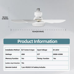 LED 40W Ceiling Fan Light E27 With Remote Control for Dimming, Suitable for Living Room, Study, Household use, 85-265V - Top Notch Mart