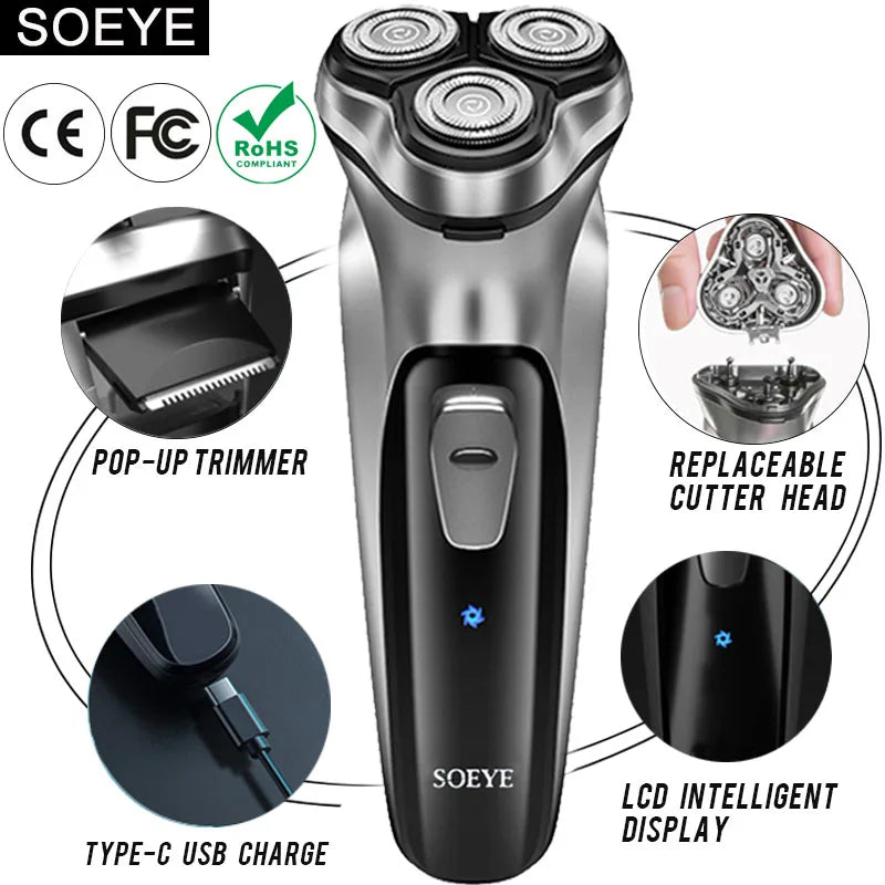 Men's Electric Shaver For Men Shaving Machine SOEYE Beard Trimmer 3D Floating Blade Washable USB Recharge Hair Cutting Machine [HAI] - Top Notch Mart