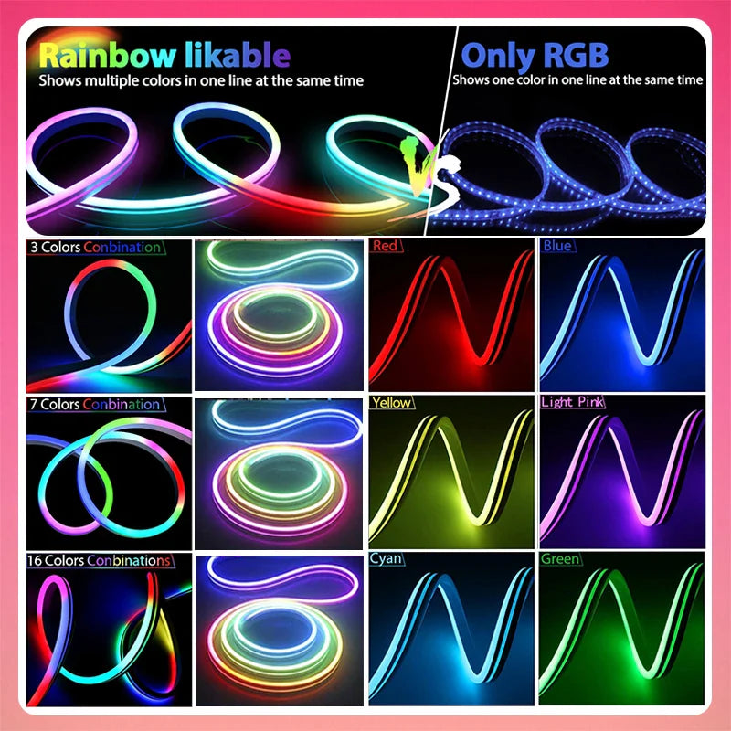 TUYA Neon LED Strip Lights 12-24V 84LEDs/M Silicone Neon Rope Light with Music Sync RGBIC Dreamcolor Chasing Strip Tape for Room - Top Notch Mart