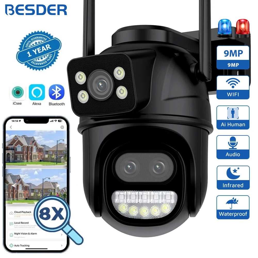 BESDER PTZ 8MP Wifi Camera Dual Screen Auto Tracking Color Night Vision Outdoor CCTV Camera IP 4K Security Protection iCSee App - Top Notch Mart