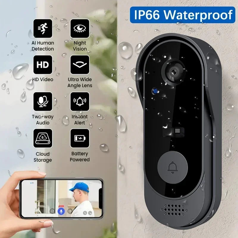 Doorbell Camera Wireless Wifi Video Doorbell IP65 Waterproof, Battery Powered,2-Way Audio, Smart Ir, Cloud Storage - Top Notch Mart